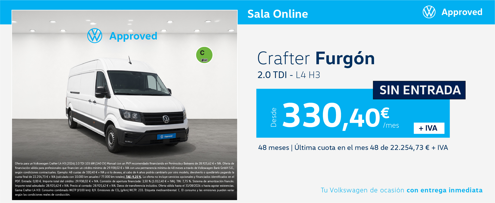 ¡Sin Entrada! Volkswagen Crafter Furgón 140 CV por 330 €/mes